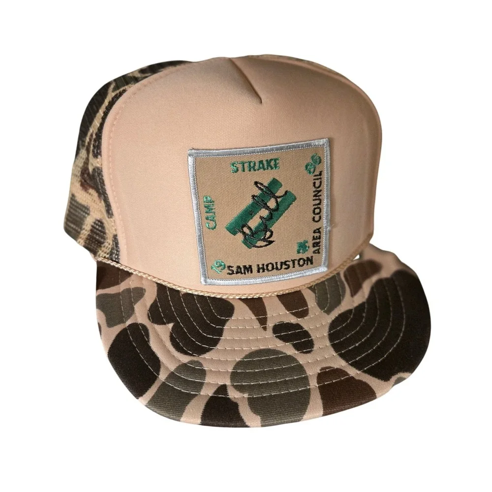 VTG 1986 BSA Strake Camp Bill  Name Patch Hat Deadstock Nissin Camo Mesh Trucker